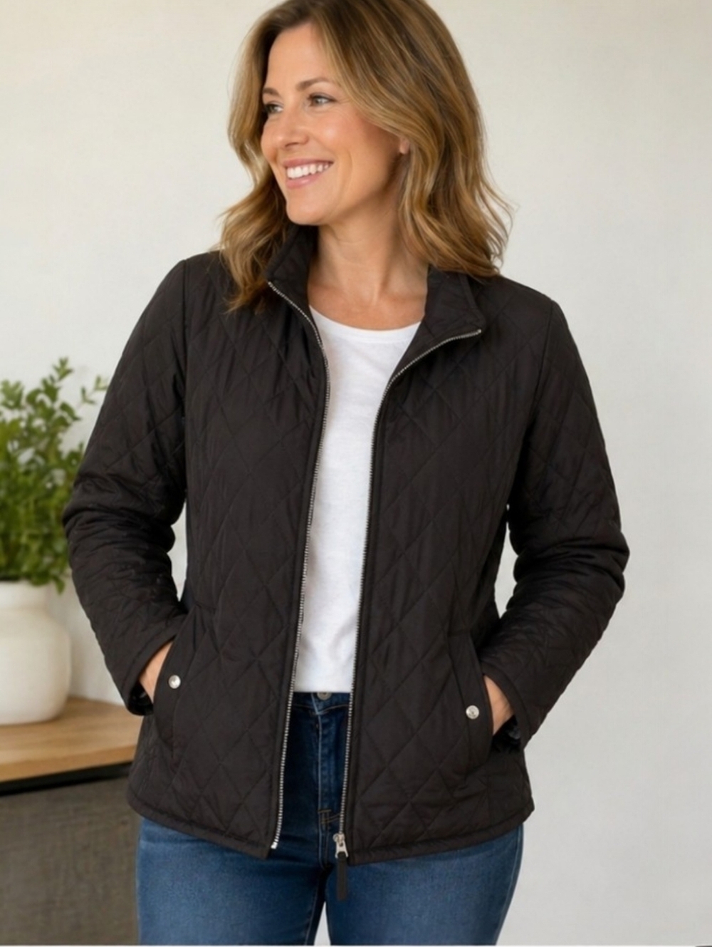 Lands End Quilted Jacket Womens L 14 16 Brown Lightweight Zip Snap Pockets Argyl